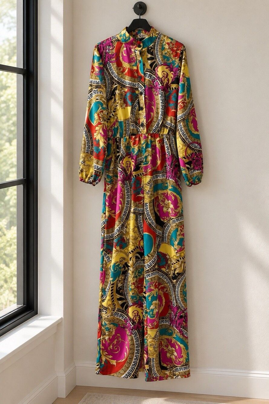 Vtg Paisley Baroque Wide Leg Jumpsuit Womens S Polyester Boho Mod Laqueen USA